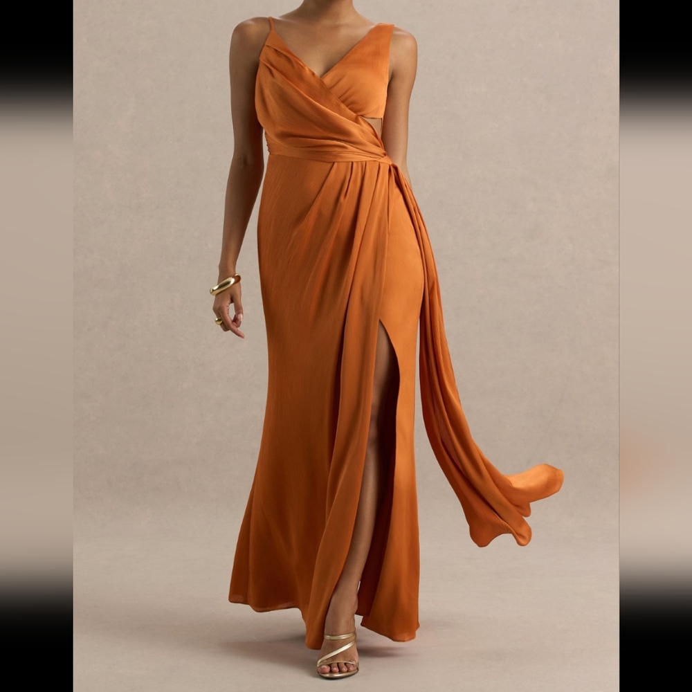 Livia Orange Plunge-Neck Fishtail Maxi Dress Club L London Size 2
